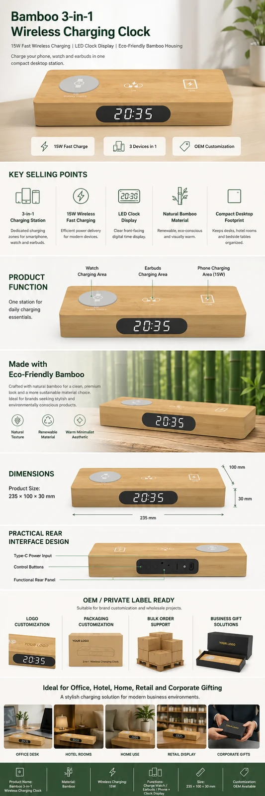 W120 Bamboo 3-in-1 Wireless Charging Clock OEM detail page with features and product specifications