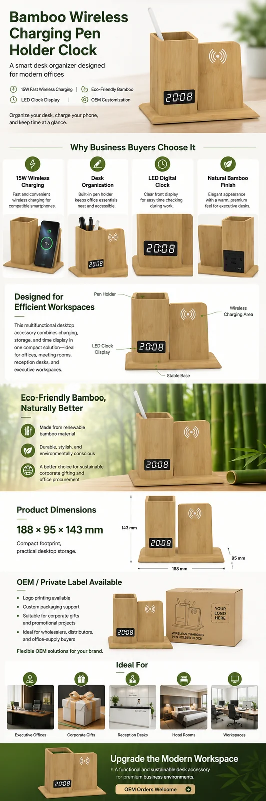 W125 Bamboo Wireless Charging Pen Holder Clock OEM detail page with features and product specifications
