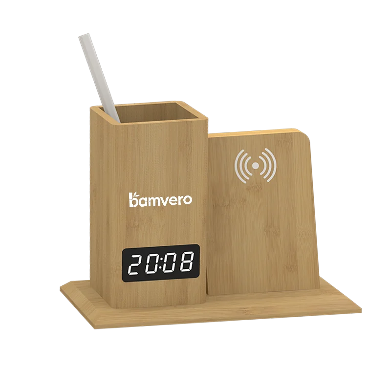 W125 Bamboo Wireless Charging Pen Holder Clock product view 2