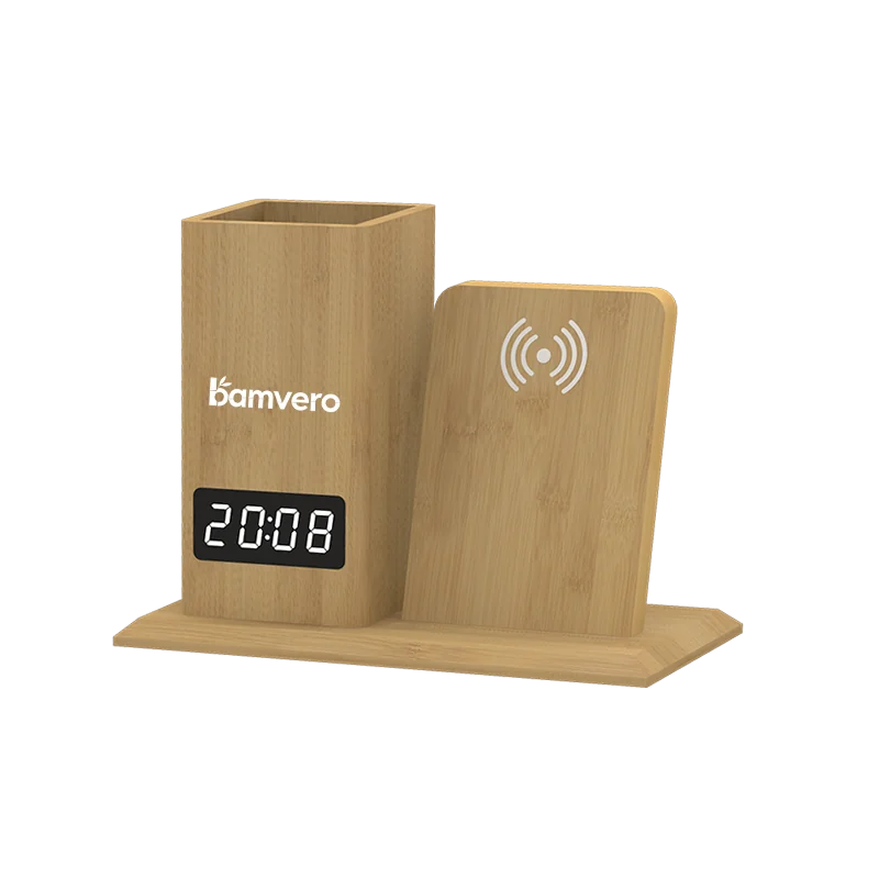 W125 bamboo wireless charging pen holder clock