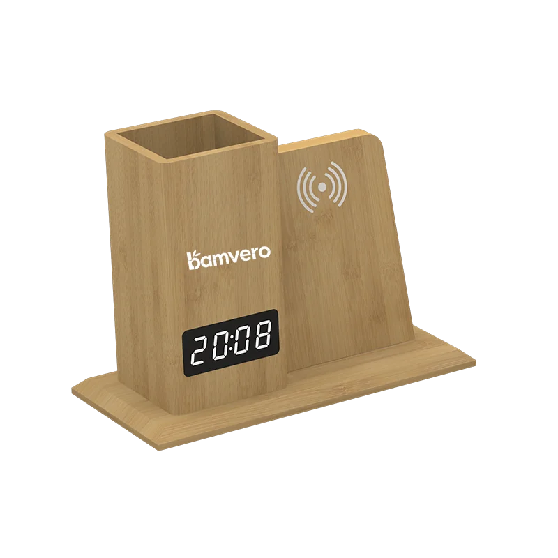 W125 Bamboo Wireless Charging Pen Holder Clock product view 4