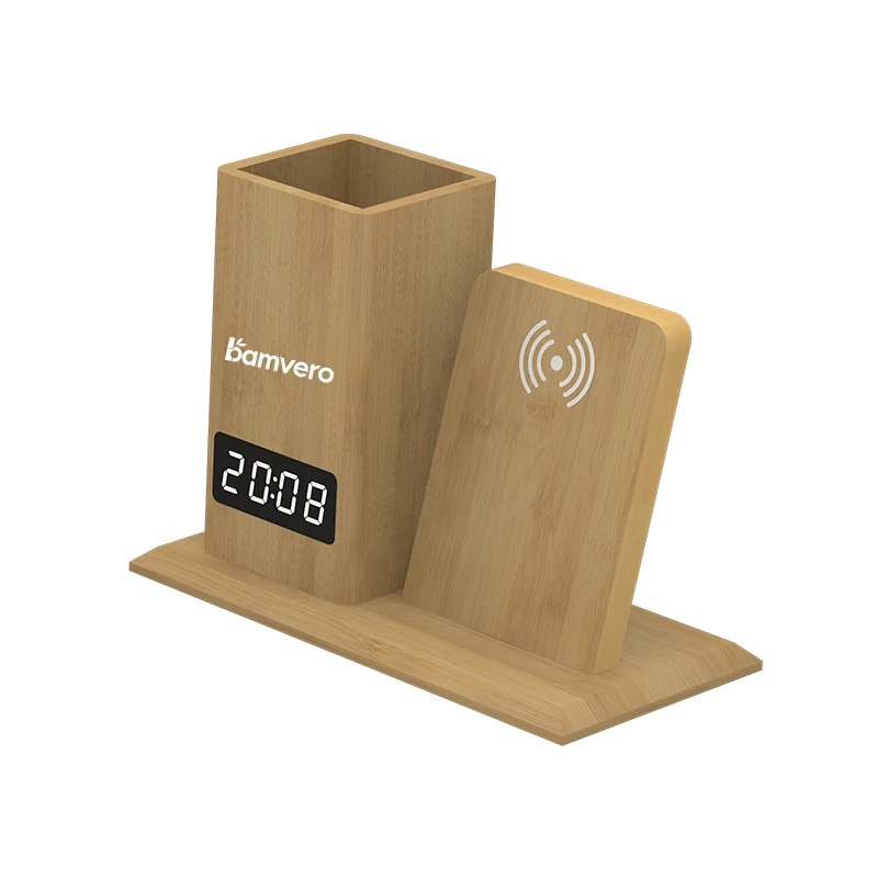 W125 Bamboo Wireless Charging Pen Holder Clock product view 5