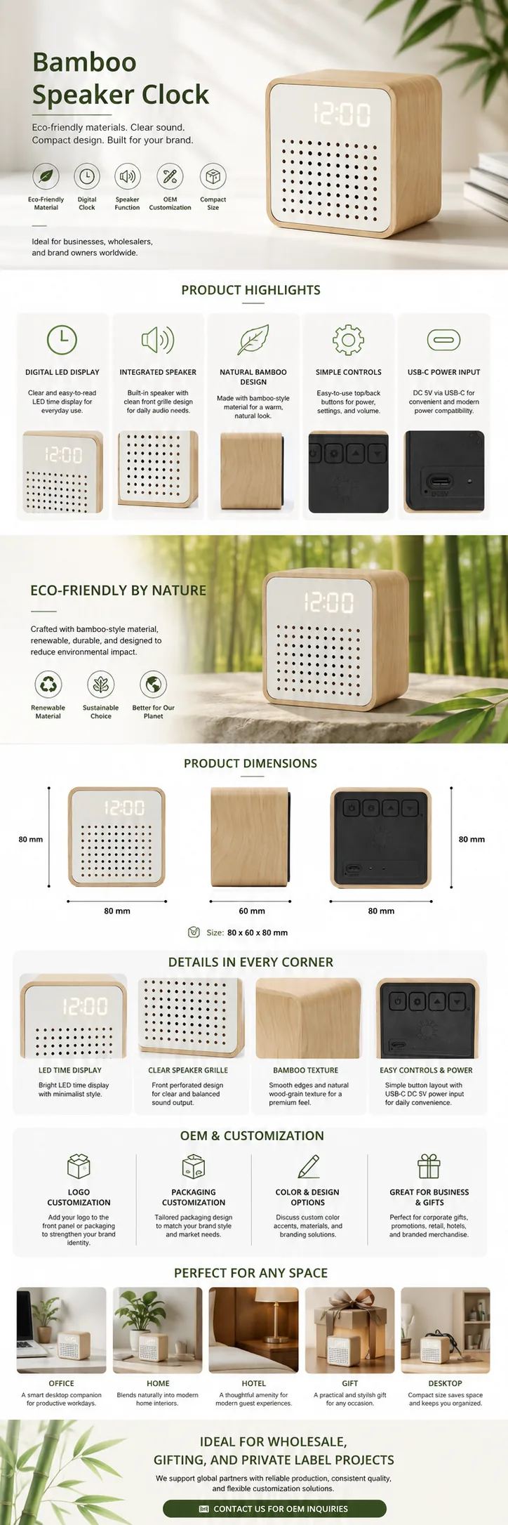 Y103 Bamboo Speaker Clock detail page with product specifications and OEM notes