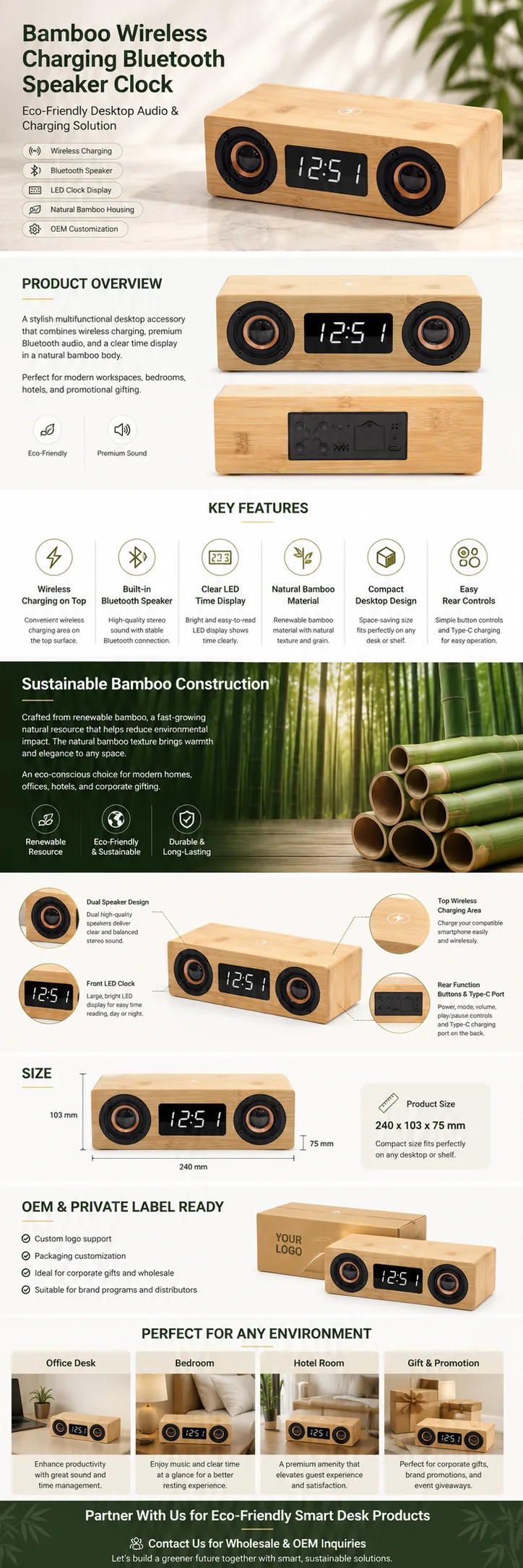 Y120 Bamboo Wireless Charging Speaker Clock OEM detail page with features and product specifications