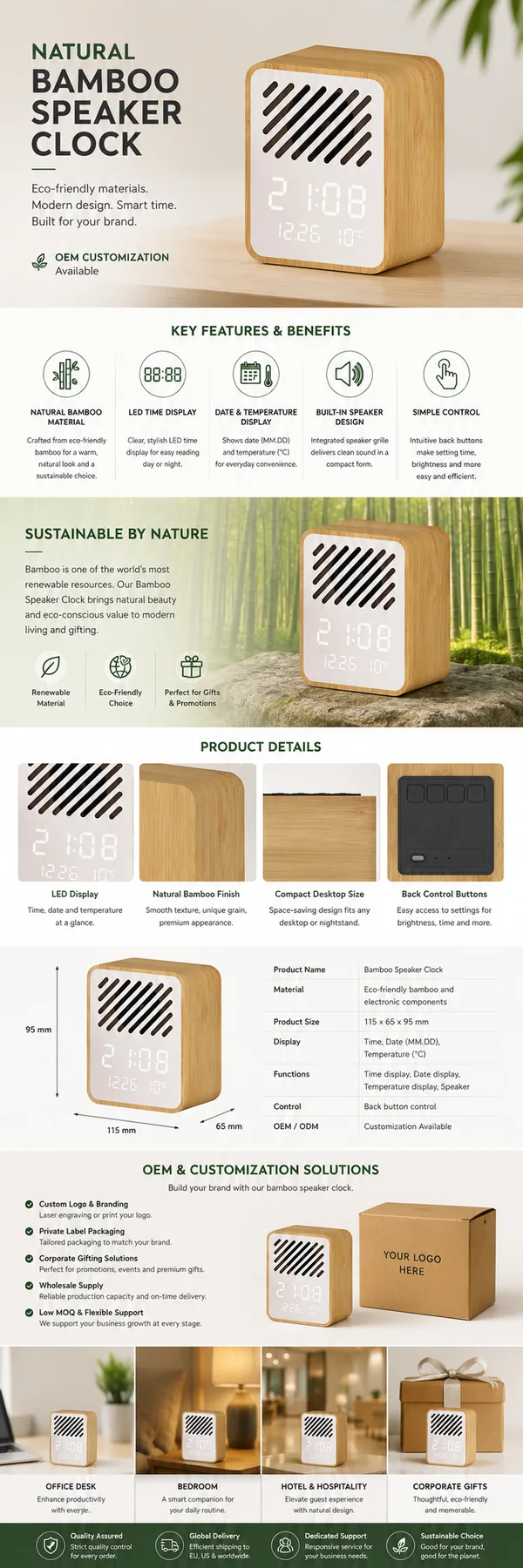 Y130-1 Bamboo Bluetooth Speaker Alarm Clock detail page with specifications and OEM speaker clock sourcing notes