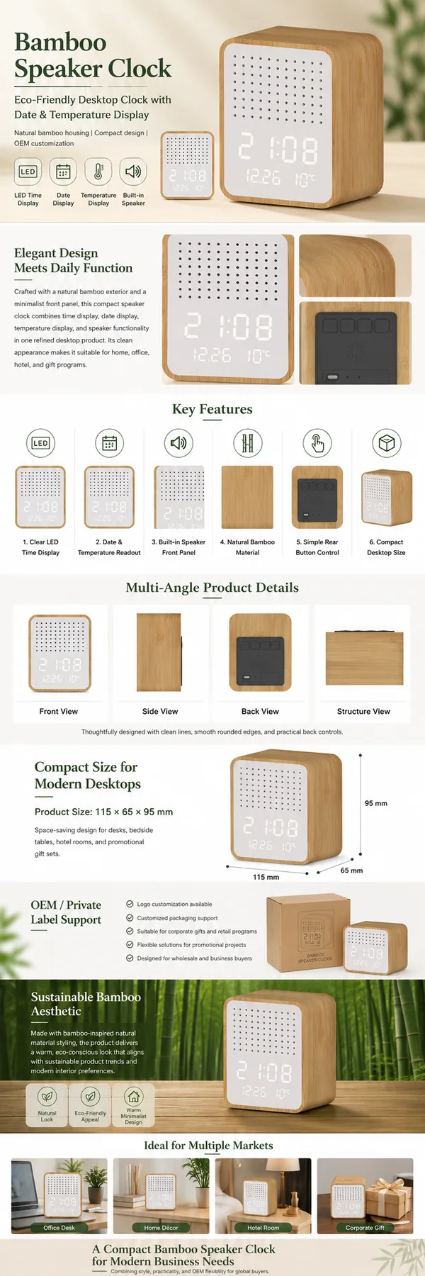 Y130-2 Bamboo Bluetooth Speaker Alarm Clock detail page with specifications and OEM speaker clock sourcing notes