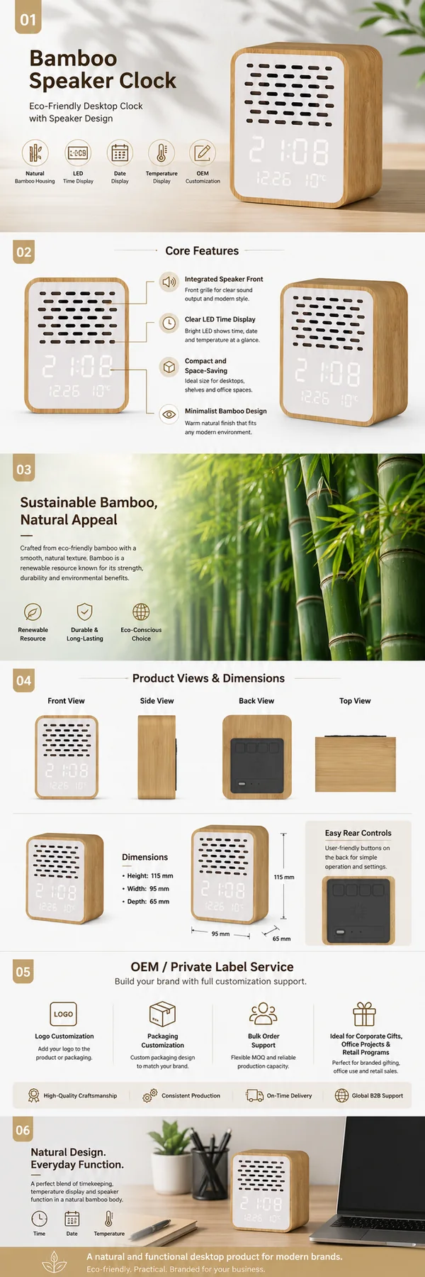 Y130-3 Bamboo Bluetooth Speaker Alarm Clock detail page with specifications and OEM speaker clock sourcing notes